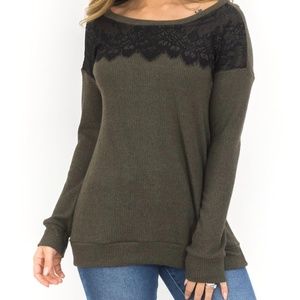 Olive Sweater with Lace Detail